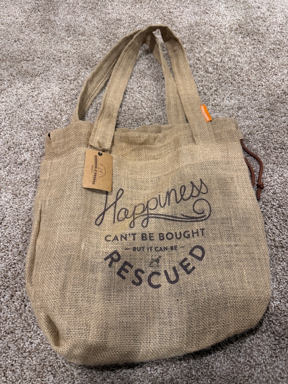 Grounds & Hounds Happiness Rescued Burlap Farmers Market Tote Bag